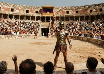 Gladiador victorioso saluda a la multitud en un anfiteatro romano bajo el sol, mientras el emperador observa con envidia