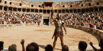 Gladiador victorioso saluda a la multitud en un anfiteatro romano bajo el sol, mientras el emperador observa con envidia