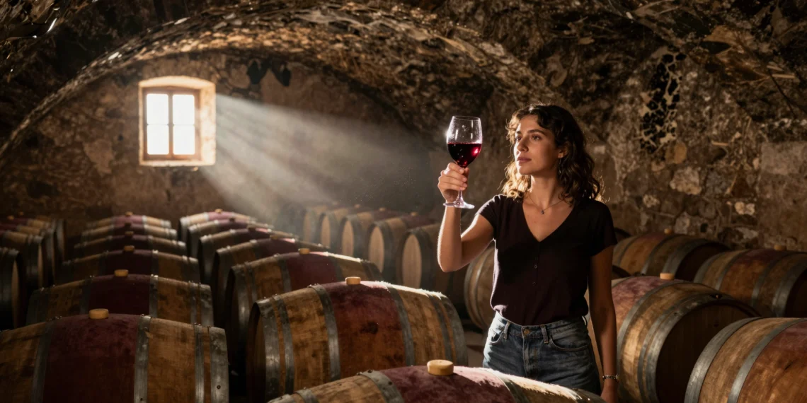 Mujer sosteniendo una copa de vino Monastrell en una bodega tradicional de Jumilla, Murcia, entre barricas de roble