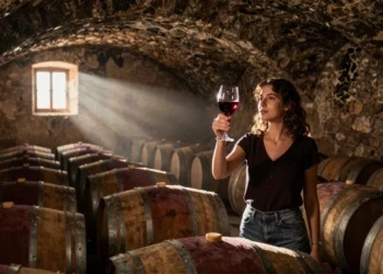 Mujer sosteniendo una copa de vino Monastrell en una bodega tradicional de Jumilla, Murcia, entre barricas de roble