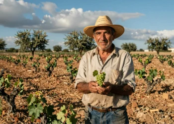Agricultor murciano entre viñedos y almendros en recuperación tras la sequía, sosteniendo un pequeño racimo de uvas