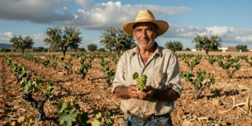 Agricultor murciano entre viñedos y almendros en recuperación tras la sequía, sosteniendo un pequeño racimo de uvas