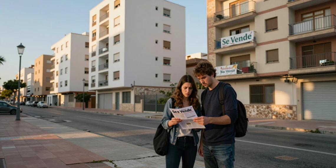 Pareja joven frente a nuevos bloques de apartamentos en Valencia estudiando un listado inmobiliario con preocupación