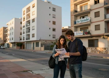 Pareja joven frente a nuevos bloques de apartamentos en Valencia estudiando un listado inmobiliario con preocupación