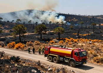 Autobomba forestal moderna en Murcia con bomberos equipados ante hectáreas calcinadas y humo de incendio