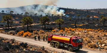 Autobomba forestal moderna en Murcia con bomberos equipados ante hectáreas calcinadas y humo de incendio
