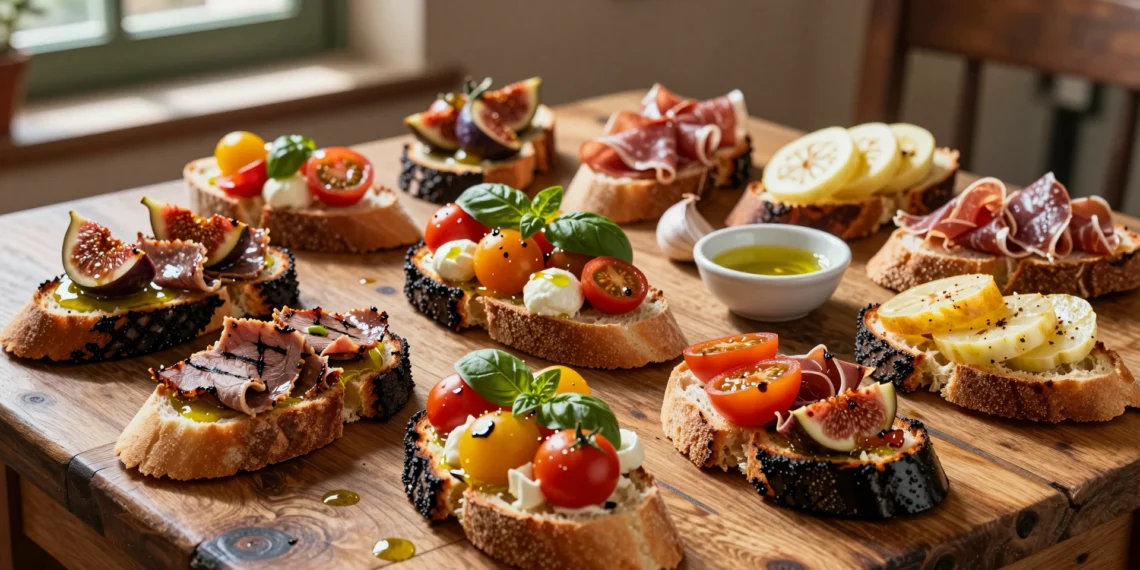 Trece variaciones de bruschetta artesanal sobre mesa rústica con tomates, mozzarella, higos y aceite de oliva virgen extra