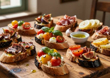 Trece variaciones de bruschetta artesanal sobre mesa rústica con tomates, mozzarella, higos y aceite de oliva virgen extra