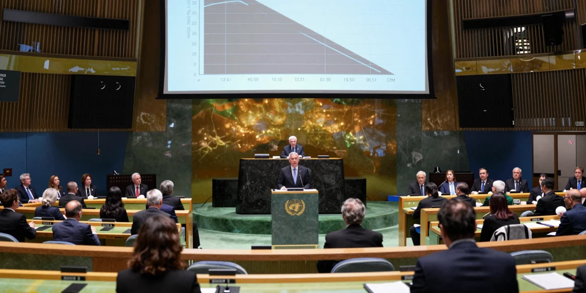 Diplomático español en el podio de la Asamblea General de la ONU presentando el modelo de seguridad vial de España