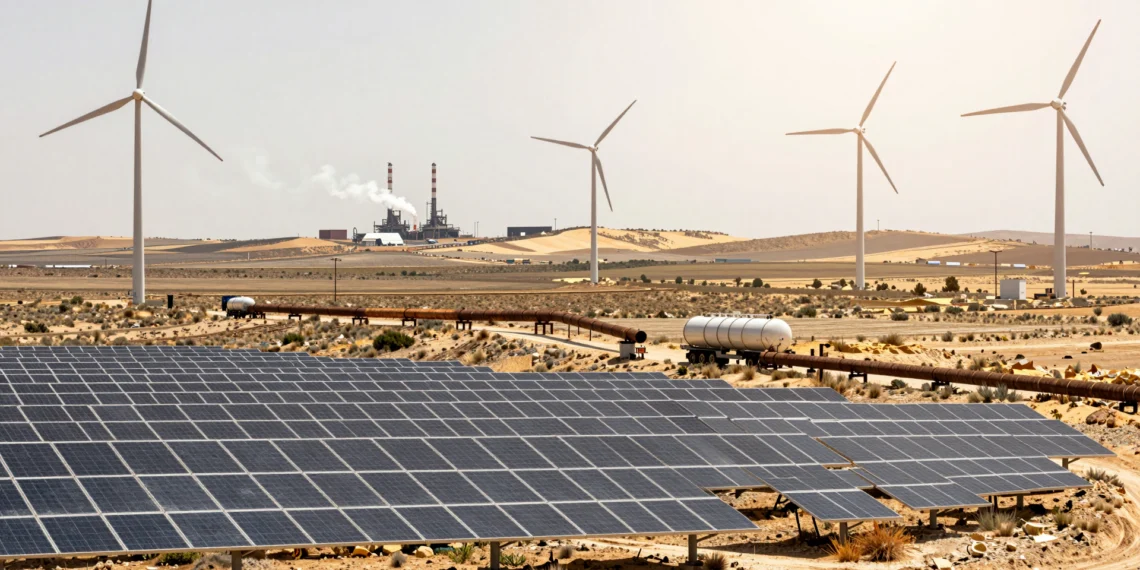 Paneles solares y aerogeneradores junto a un camión cisterna de gas en una llanura castellana bajo el sol mediterráneo