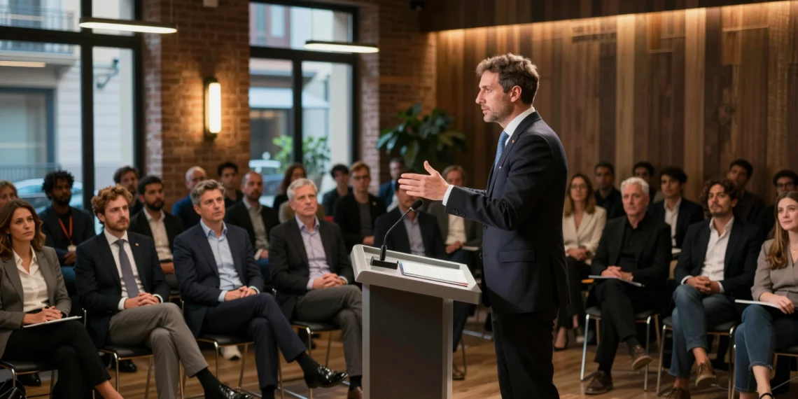Jorge Azcón en un foro político en Barcelona hablando sobre reforma electoral y financiación autonómica