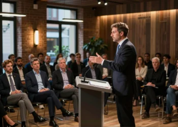 Jorge Azcón en un foro político en Barcelona hablando sobre reforma electoral y financiación autonómica