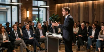 Jorge Azcón en un foro político en Barcelona hablando sobre reforma electoral y financiación autonómica
