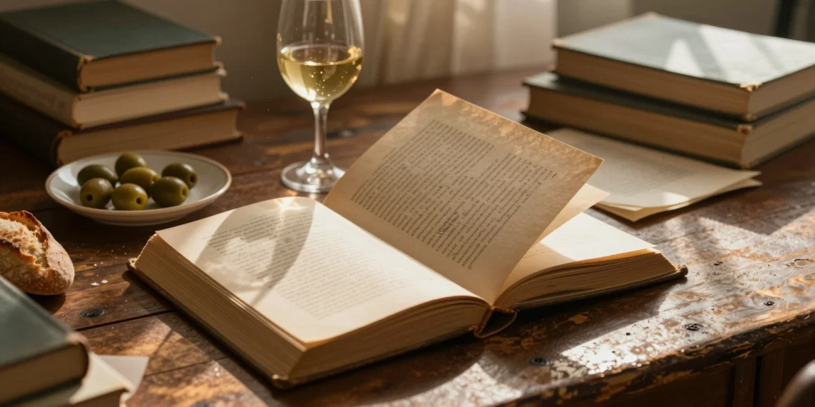 Libro antiguo abierto sobre escritorio de madera con anotaciones, copa de vino blanco y plato de aceitunas en luz dorada