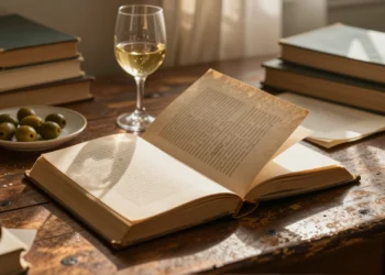 Libro antiguo abierto sobre escritorio de madera con anotaciones, copa de vino blanco y plato de aceitunas en luz dorada