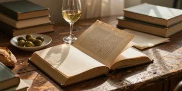 Libro antiguo abierto sobre escritorio de madera con anotaciones, copa de vino blanco y plato de aceitunas en luz dorada