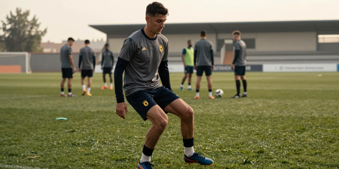 Yeremay realiza ejercicios de rehabilitación solo en el césped durante una sesión matinal de entrenamiento del Deportivo