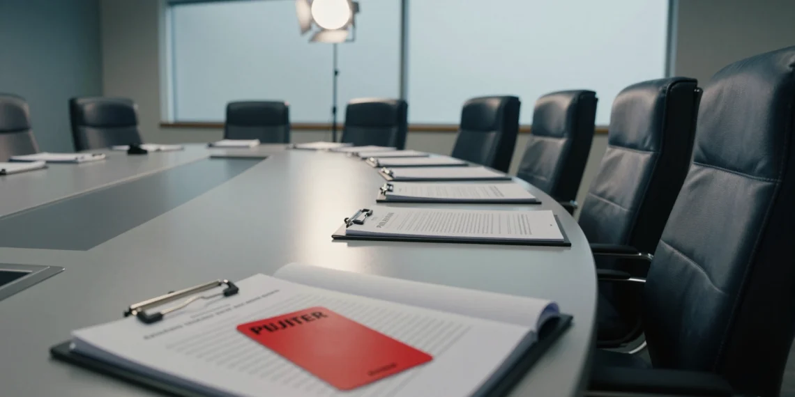 Sala disciplinaria de la FIFA con mesa de conferencias, reglamentos oficiales y tarjeta roja sobre carpeta legal