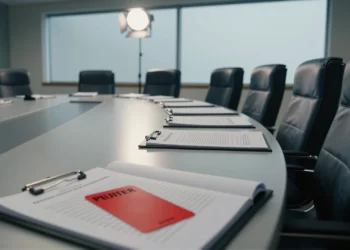 Sala disciplinaria de la FIFA con mesa de conferencias, reglamentos oficiales y tarjeta roja sobre carpeta legal