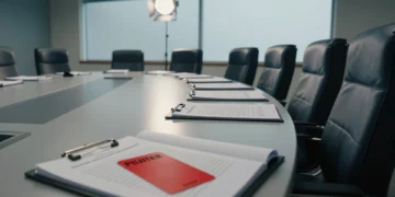 Sala disciplinaria de la FIFA con mesa de conferencias, reglamentos oficiales y tarjeta roja sobre carpeta legal