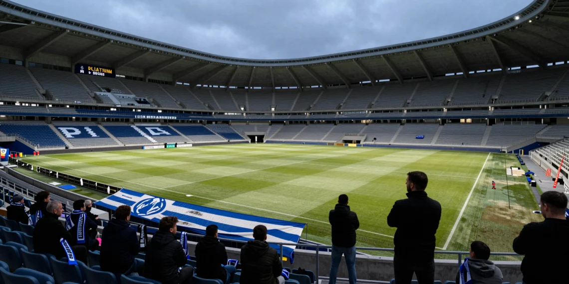 Grada de animación del estadio de Riazor semivacía con bufandas y tifo azul y blanco en la barandilla bajo luz gris atlántica