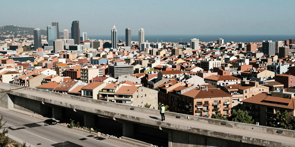 Vista aérea de Barcelona con infraestructura deteriorada, simbolizando el déficit de inversión estatal en Catalunya