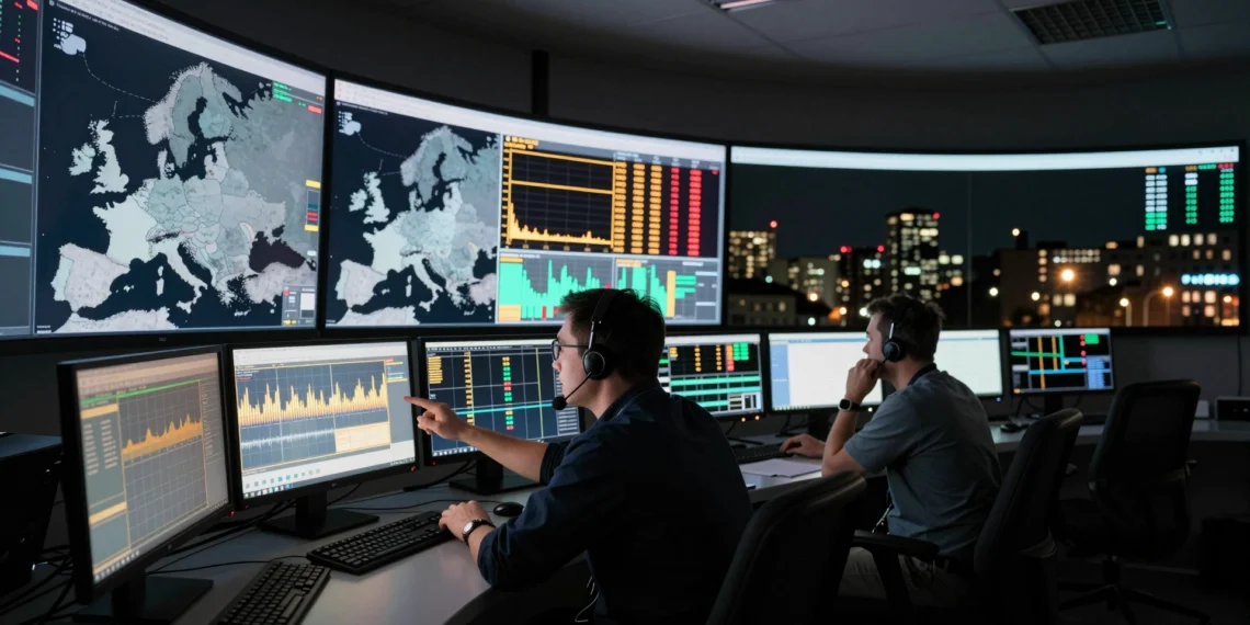 Operadores monitoreando red eléctrica europea con alertas en ámbar y rojo en sala de control durante apagón
