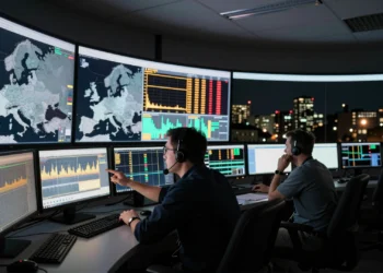 Operadores monitoreando red eléctrica europea con alertas en ámbar y rojo en sala de control durante apagón
