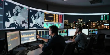 Operadores monitoreando red eléctrica europea con alertas en ámbar y rojo en sala de control durante apagón