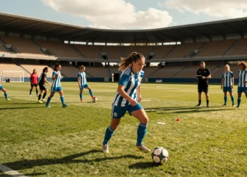 Jugadora del Dépor Abanca driblando en un estadio profesional durante la pretemporada femenina de fútbol