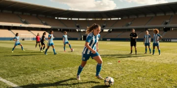 Jugadora del Dépor Abanca driblando en un estadio profesional durante la pretemporada femenina de fútbol