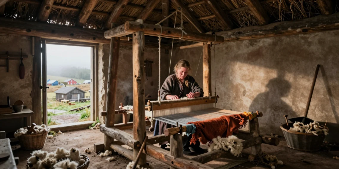 Mujer vikinga tejiendo en un telar vertical de pesas en un taller textil reconstruido dentro de una casa larga escandinava