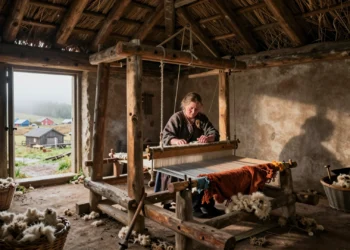 Mujer vikinga tejiendo en un telar vertical de pesas en un taller textil reconstruido dentro de una casa larga escandinava