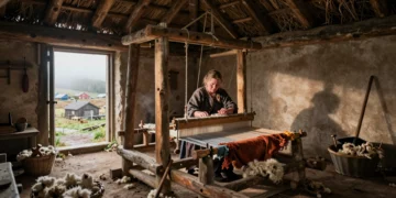 Mujer vikinga tejiendo en un telar vertical de pesas en un taller textil reconstruido dentro de una casa larga escandinava