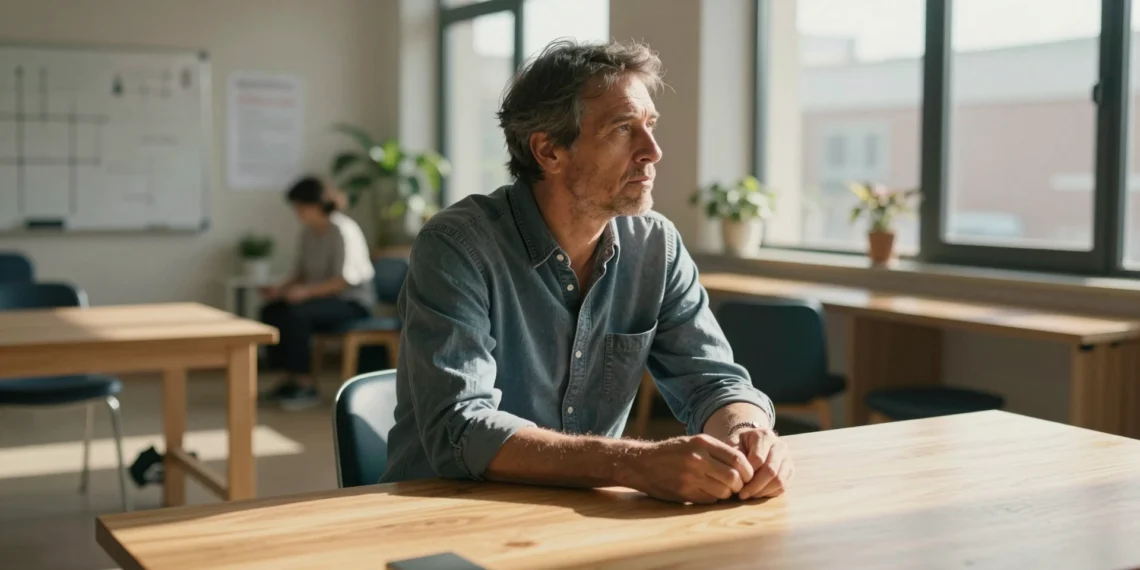 Hombre de 50 años en centro de rehabilitación mirando por la ventana, evocando el alzhéimer precoz en España.