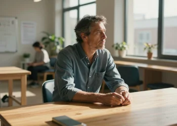 Hombre de 50 años en centro de rehabilitación mirando por la ventana, evocando el alzhéimer precoz en España.