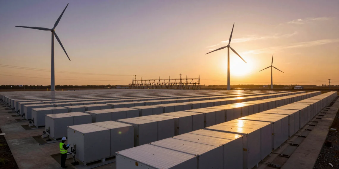 Técnico de red ante filas de baterías industriales al atardecer, con turbinas eólicas y líneas eléctricas al fondo