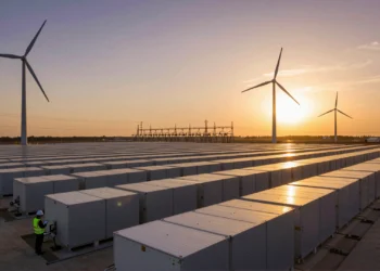 Técnico de red ante filas de baterías industriales al atardecer, con turbinas eólicas y líneas eléctricas al fondo