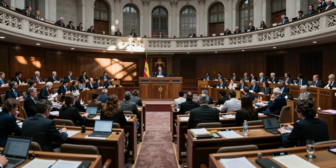 Vista del hemiciclo del Congreso de los Diputados en Madrid durante un pleno extraordinario de julio con diputados en debate