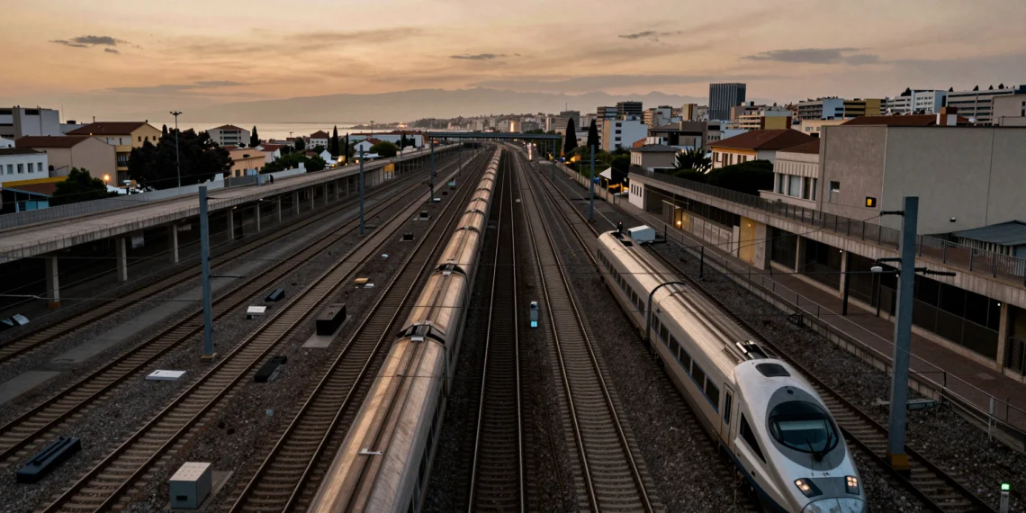 Nudo ferroviario español al atardecer con múltiples vías convergiendo en un único corredor hacia el Mediterráneo