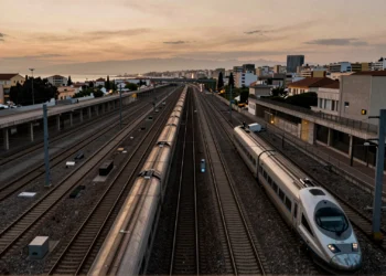 Nudo ferroviario español al atardecer con múltiples vías convergiendo en un único corredor hacia el Mediterráneo