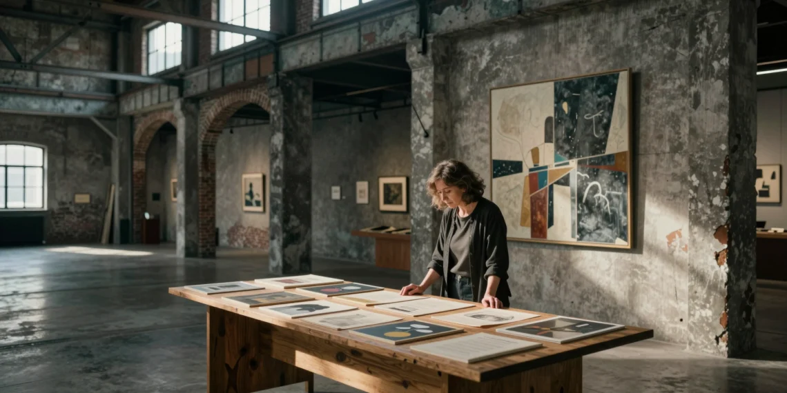 Susana Lloret sola en la sala industrial de Bombas Gens, junto a una pintura abstracta sobre muro de hormigón