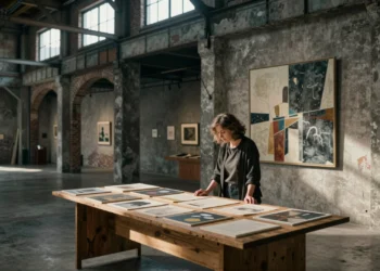 Susana Lloret sola en la sala industrial de Bombas Gens, junto a una pintura abstracta sobre muro de hormigón