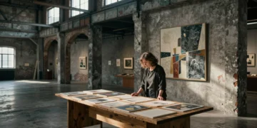 Susana Lloret sola en la sala industrial de Bombas Gens, junto a una pintura abstracta sobre muro de hormigón