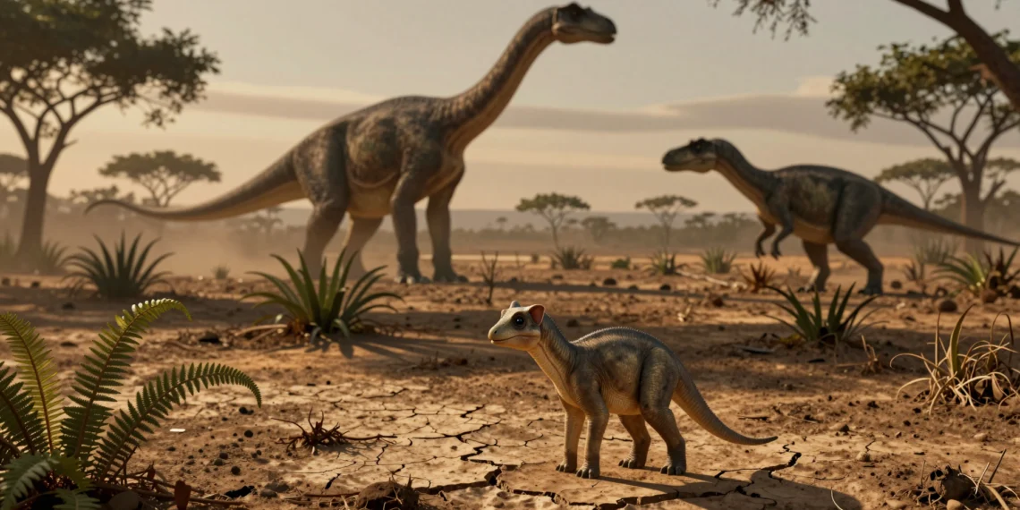 Cría de saurópodo recién nacida en llanura jurásica, con un Allosaurus al acecho y un adulto gigante al fondo