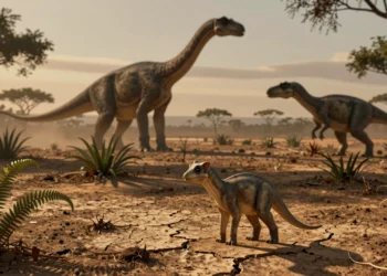 Cría de saurópodo recién nacida en llanura jurásica, con un Allosaurus al acecho y un adulto gigante al fondo