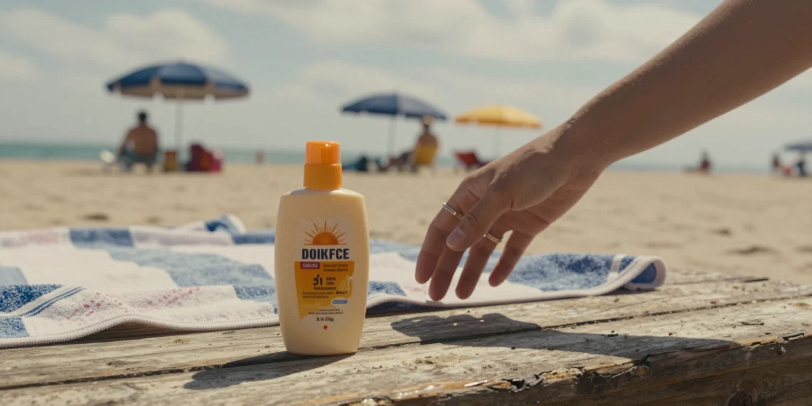 Mano de mujer alcanzando un bote de crema solar viejo en la playa en un día nublado con bañistas al fondo