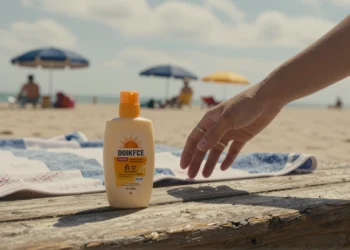 Mano de mujer alcanzando un bote de crema solar viejo en la playa en un día nublado con bañistas al fondo