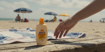 Mano de mujer alcanzando un bote de crema solar viejo en la playa en un día nublado con bañistas al fondo