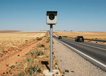 Radar de velocidad de la DGT en carretera de Castilla-La Mancha rodeado de campos dorados bajo el sol de verano